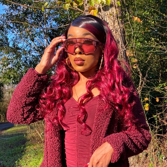 Burgundy Loose Wave 13x4 Lace Frontal Human Hair Wig w/ Black Roots - Picture 2 of 5